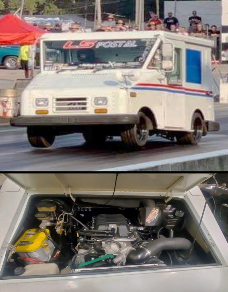 LS-powered mail truck does a wheel stand at a drag strip, demonstrating the amazing range of LS swaps people have done.